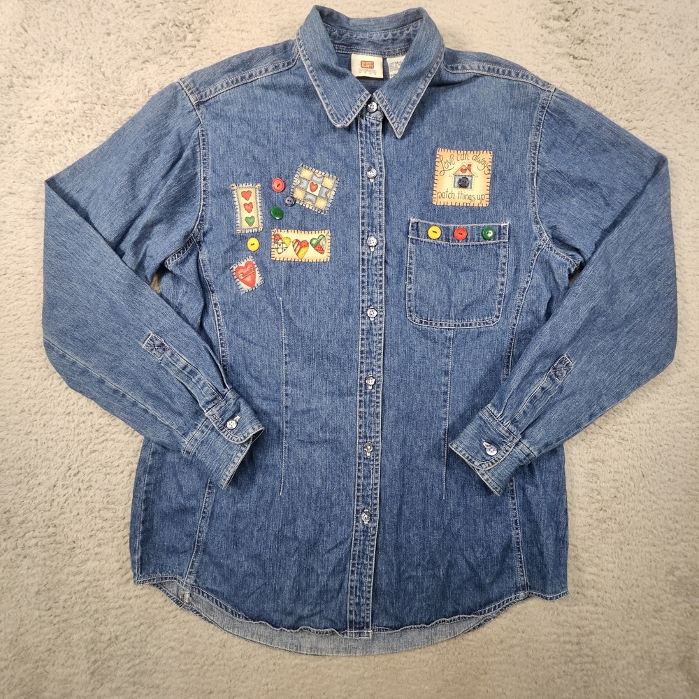Vtg Faded Glory Denim Shirt Women L Cottagecore Patchwork Grandmacore Kitsch 90s